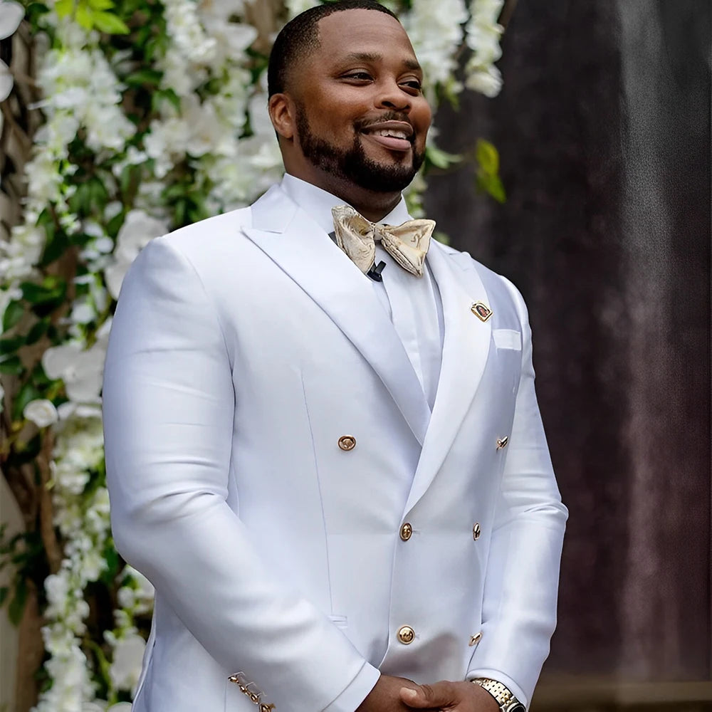 Showlu men's white satin tuxedo with double-breasted jacket, 2-piece wedding suit, stylish formal attire for special occasions