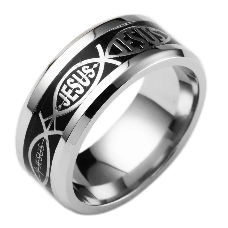 Showlu Jesus Cross ring in 316L stainless steel featuring a detailed religious design on a sleek band.
