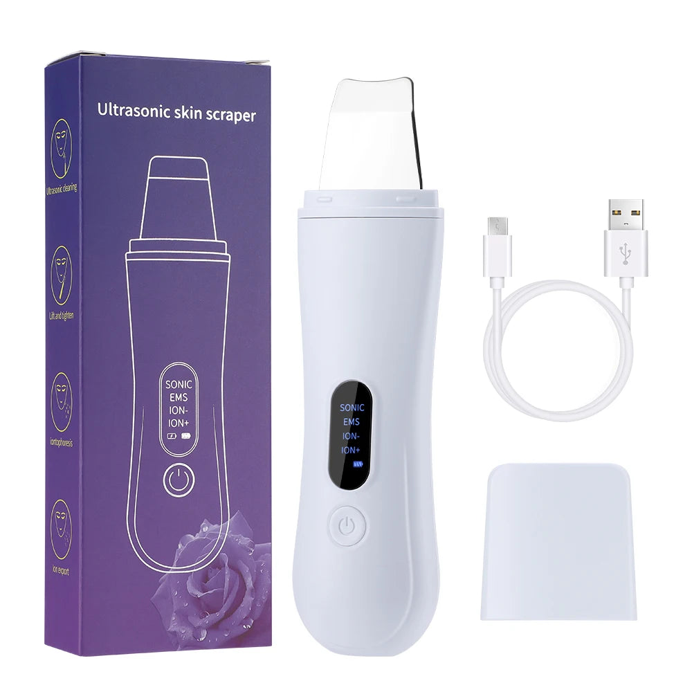 Showlu Smart ultrasonic skin scrubber with EMS pore cleanser and lifting tool, featuring a sleek handheld design for facial skincare.