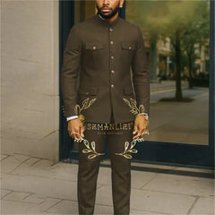 Affrica Style White Stand Collar Single Breasted Jacket Pants Business Men Suit Tuxedos  Groom Wedding Suits Male Blazer Sets