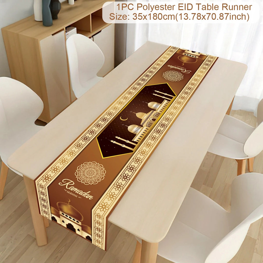 Ramadan decoration table runner with Eid Mubarak design, Islamic motif, suitable for home Eid al-Fitr celebration tables.