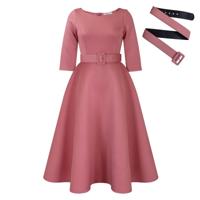 Elegant Women Party Dresses A Line with Waist Belt Three Quarter Sleeves Classy Office Ladies Wedding Guest Gowns Female