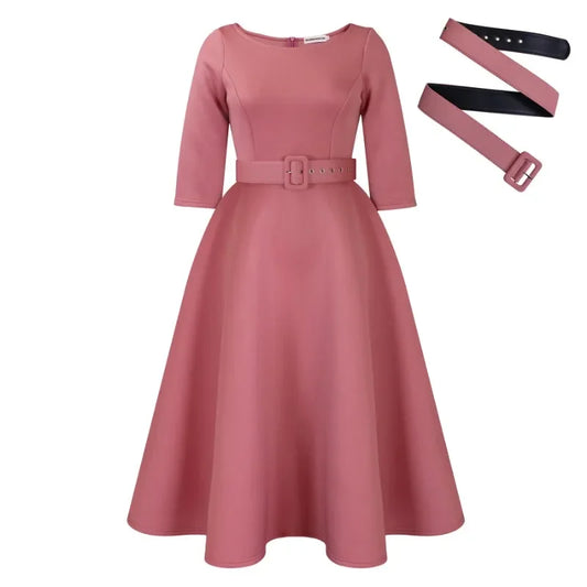 Elegant Women Party Dresses A Line with Waist Belt Three Quarter Sleeves Classy Office Ladies Wedding Guest Gowns Female
