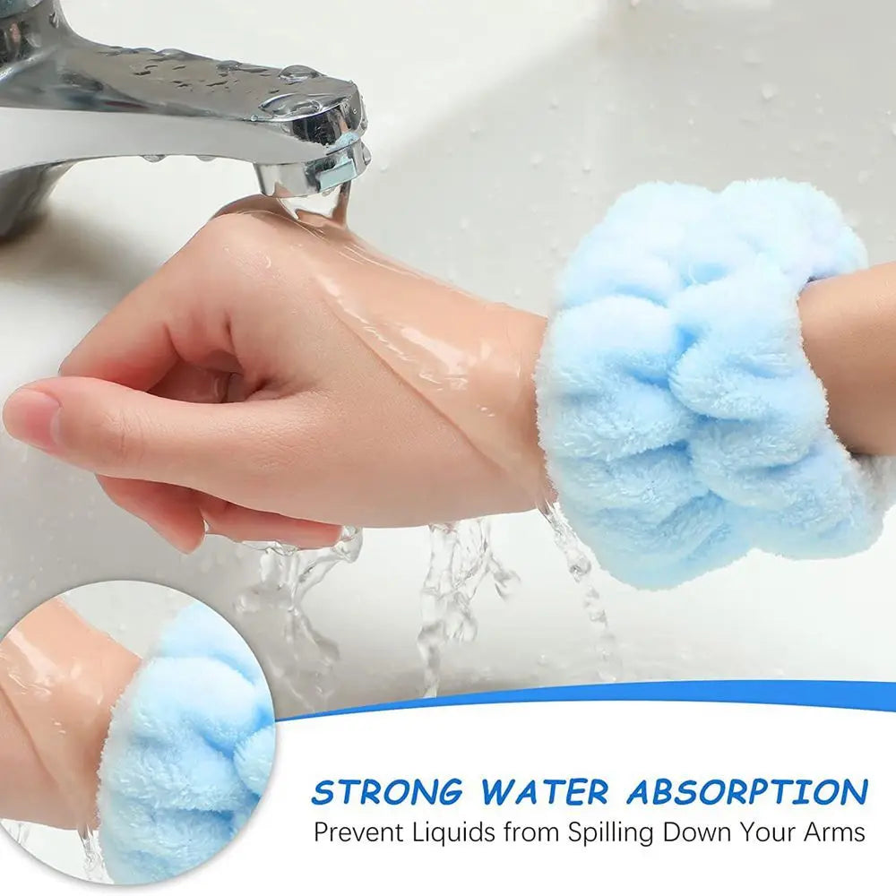 Set of three microfiber washing wristbands and puffy spa headbands for face washing, makeup, and skincare routines.