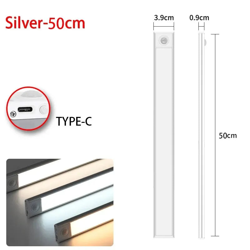 LED motion sensor cabinet light by Pzsunly, 50cm USB rechargeable with sleek design and easy installation.