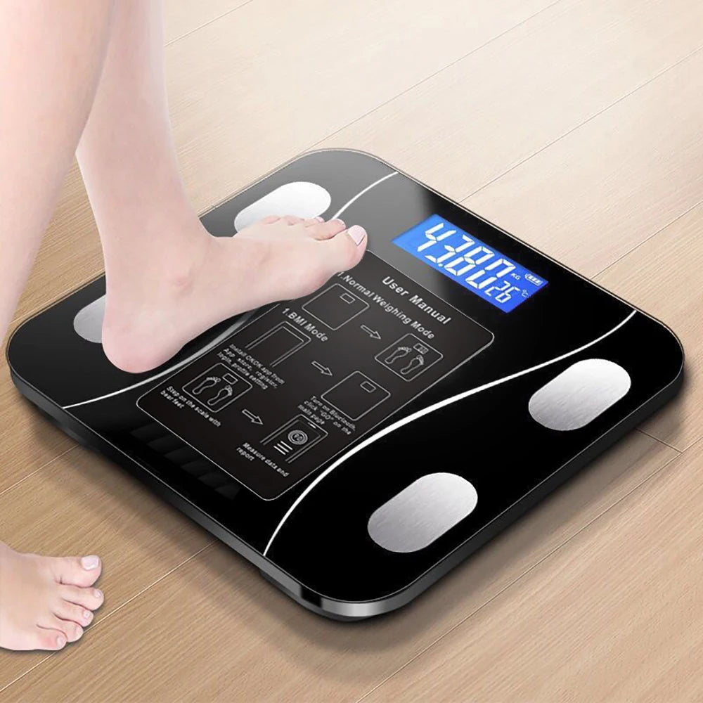 Showlu Smart digital body weight scale with glass surface, measuring up to 200kg, designed for bathroom use.