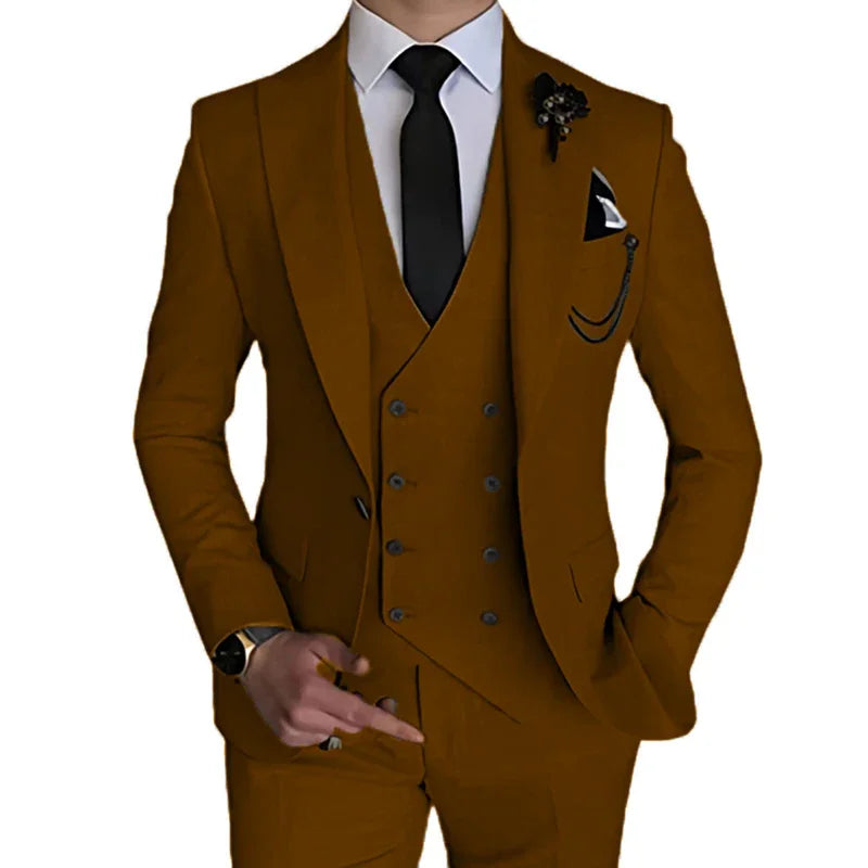 Men's slim fit wedding suit by SHOWLU FASHION STORE, three-piece set with single-breasted jacket, trousers, and vest in classic style.