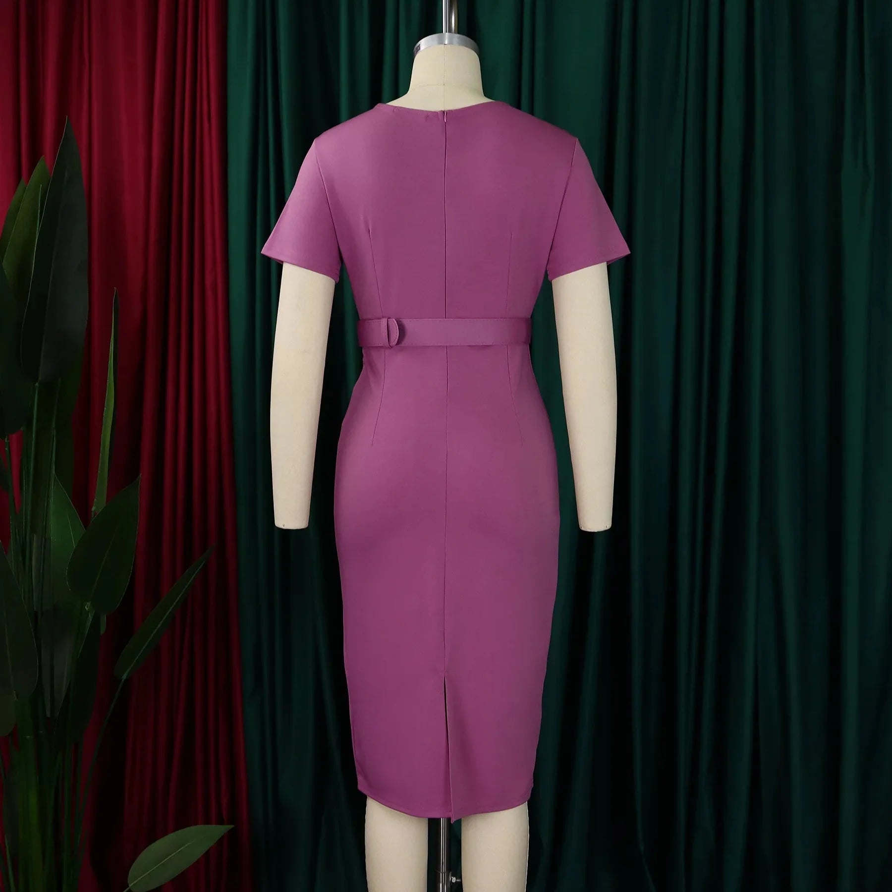 SHOWLU Women's V-Neck Short Sleeve Summer Dress in solid color, fitted pencil style, perfect for warm weather.