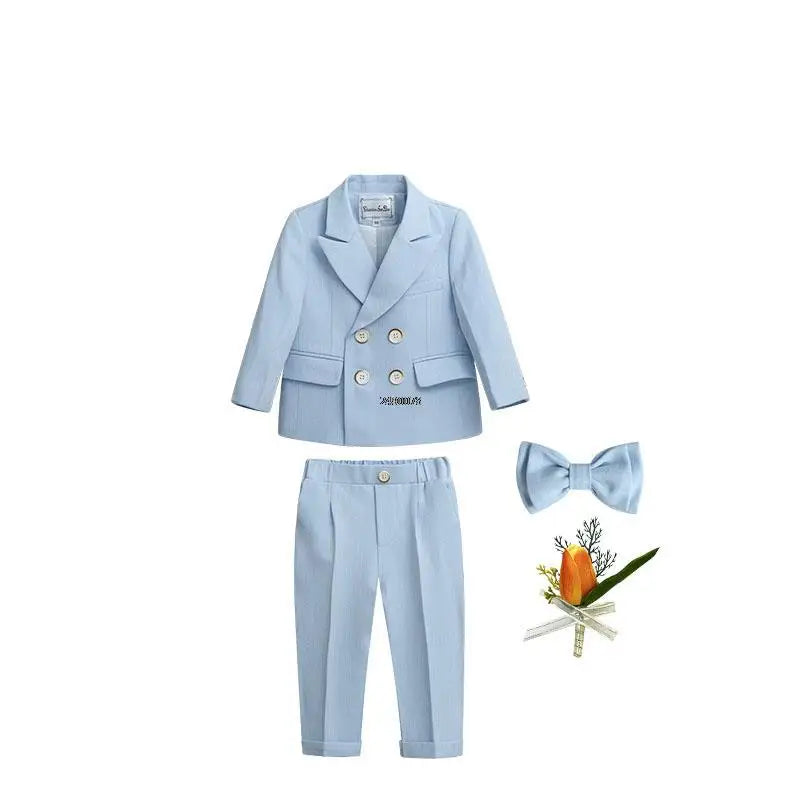 Kids boys double-breasted formal wedding suit blazer by SHOWLU FASHION STORE, shown in a stylish, navy blue blazer with buttons and lapels.