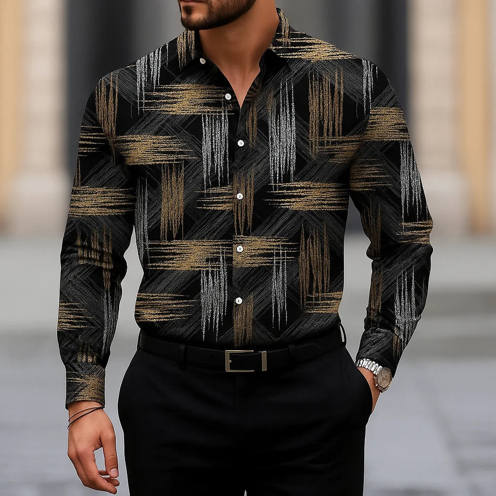 Showlu men's slim fit button-down shirt with linear stripe texture, featuring a modern tailored design in a close-up image.