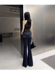 Women Vintage Blue Embroidery Flare Jeans Y2k Streetwear Denim Cargo Pants 2000s Harajuku Bell Bottom High Waist Trousers