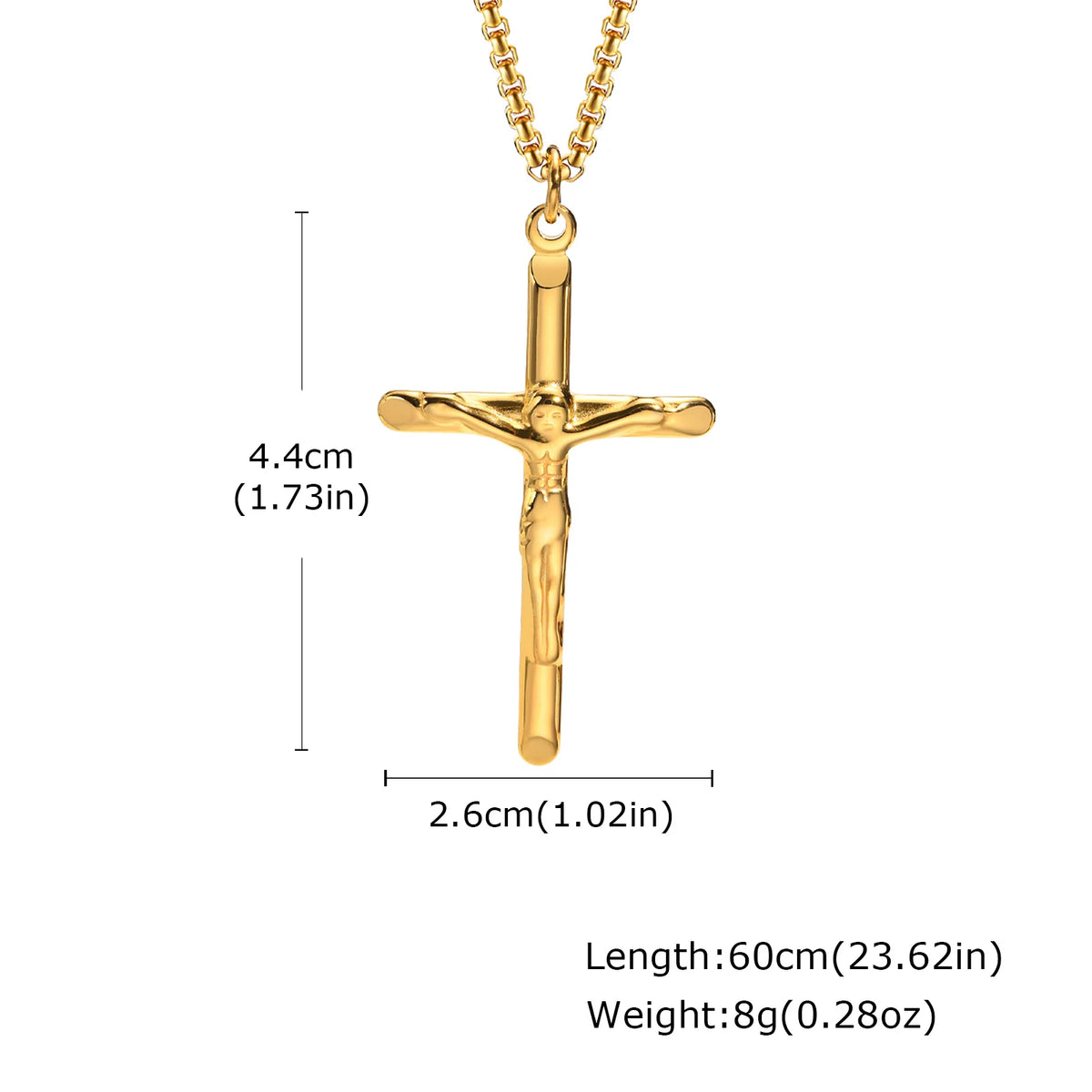 Gold-colored stainless steel cross necklace with Jesus pendant, Catholic faith jewelry for men and women, perfect for prayer and gift.