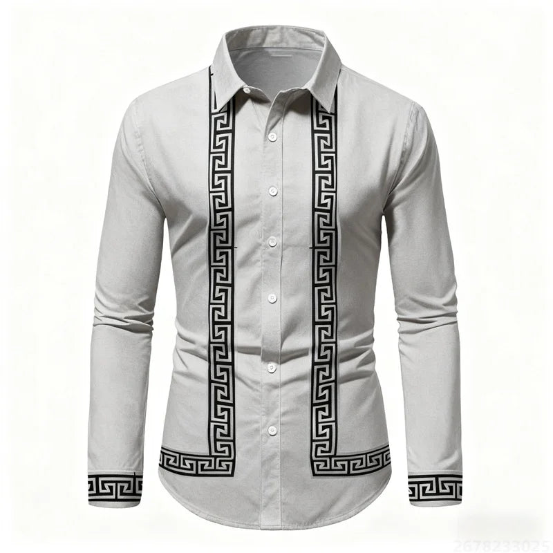 Men's retro geometric print long-sleeve shirt in black and white with slim fit, stylish casual top by Showlu Fashion Store.