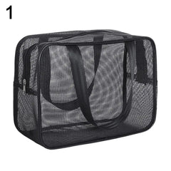A rectangular black mesh tote bag with two handles and a zippered top closure.