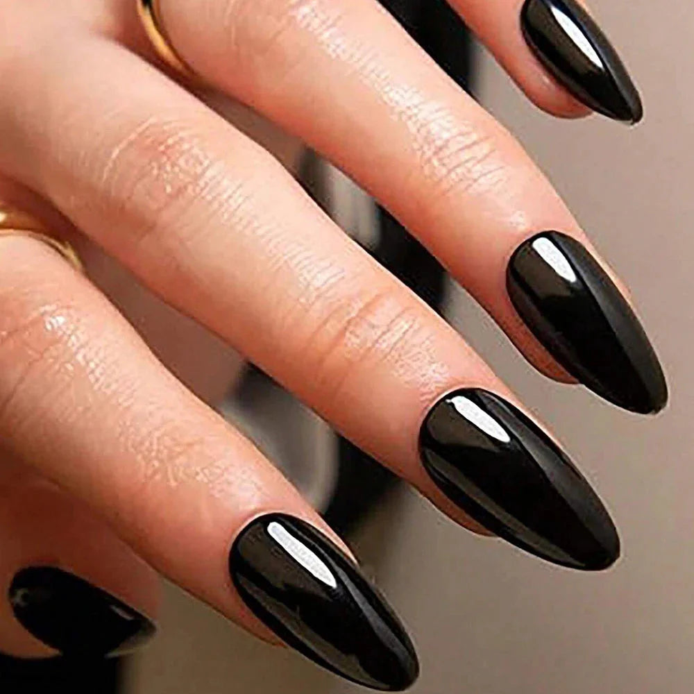 Black matte almond press-on nails set with 100 medium acrylic tips by MAFANAILS, featuring natural almond shape and smooth finish.