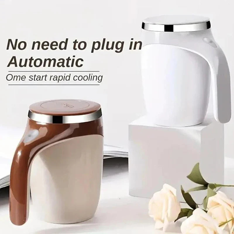 Stainless steel XMSJ automatic stirring coffee mug with magnetic mechanism, designed for easy mixing and hot beverages.