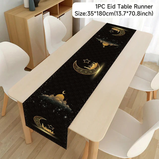Ramadan Decoration Table Runner with Eid Mubarak design, for home table decor, Islamic Muslim Ramadan Kareem celebration, 2024.