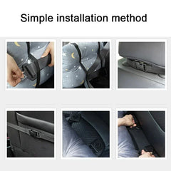 A six-panel instructional graphic showing how to secure a patterned pet car seat cover.