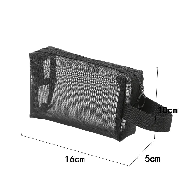 Large black mesh travel cosmetic bag with multiple compartments for makeup and toiletries, ideal for organizing cosmetics on the go.