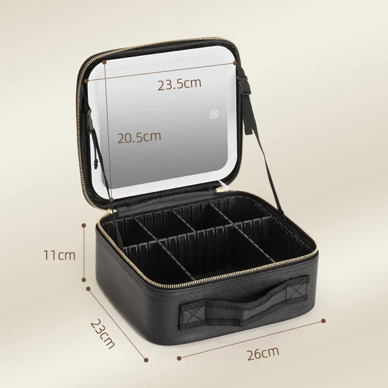 Showlu Makeup Travel Train Case with LED Mirror, PU leather cosmetic bag for organizing beauty essentials.