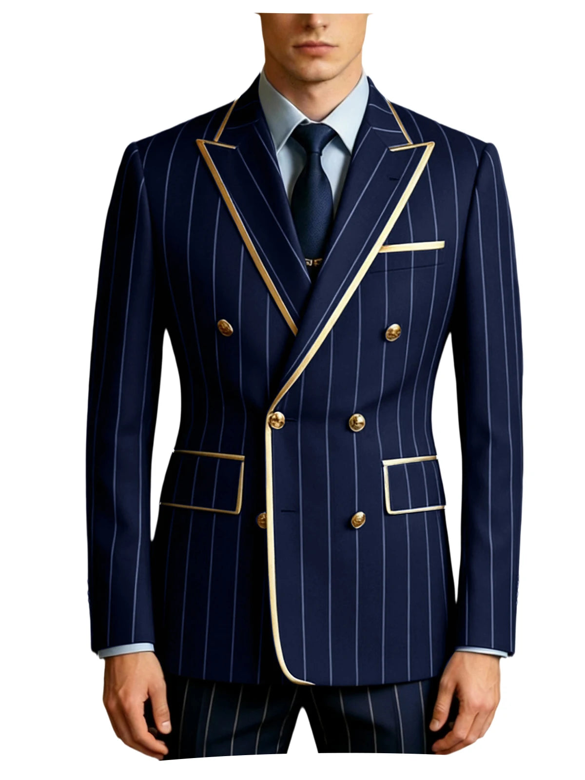 Men's Pinstripe Blazer Double Breasted Gold Trim Slim Fit Suit Jacket Peak Lapel Business Formal Tuxedo Coat for Wedding Prom