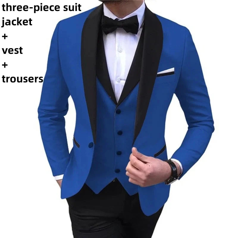 Black men's 3-piece slim fit tuxedo suit with shawl lapel, perfect for wedding attire, by SHOWLU FASHION STORE.