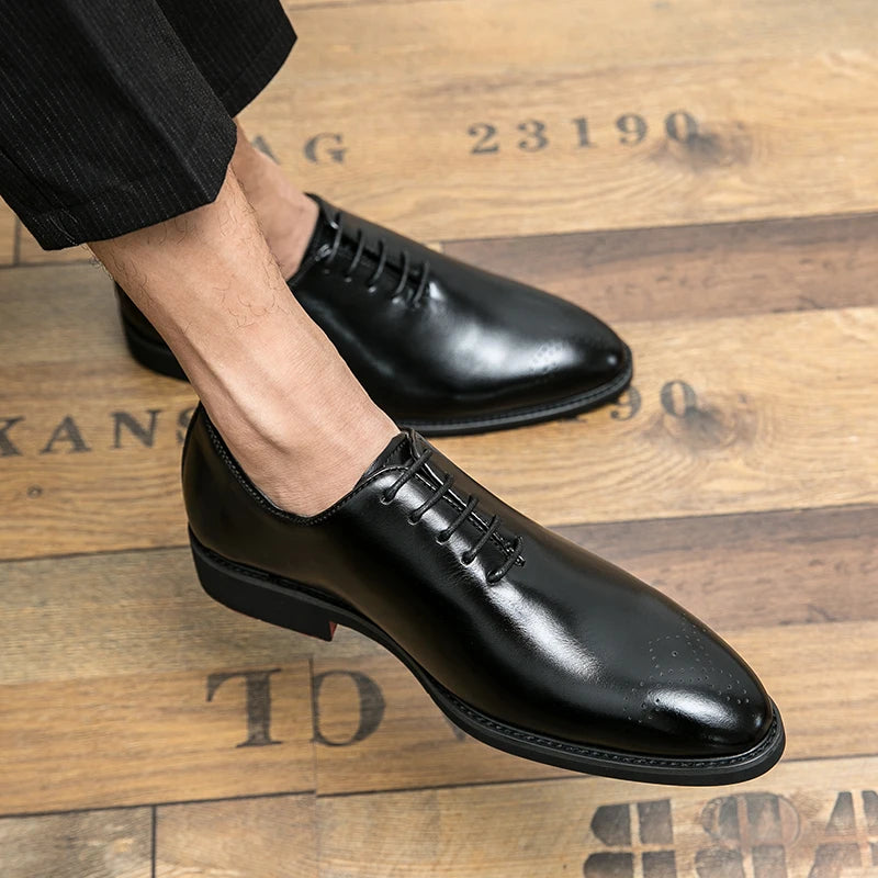 Men's black brogue shoes with red soles, lace-up formal business shoes by Showlu Fashion Store, stylish and polished.
