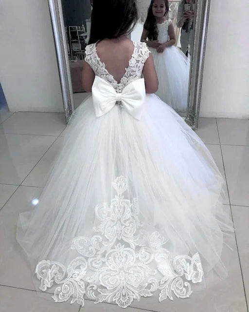 Lace flower girl dress by Showlu Fashion Store featuring floral tulle ball gown for weddings, with intricate lace details and a full skirt.