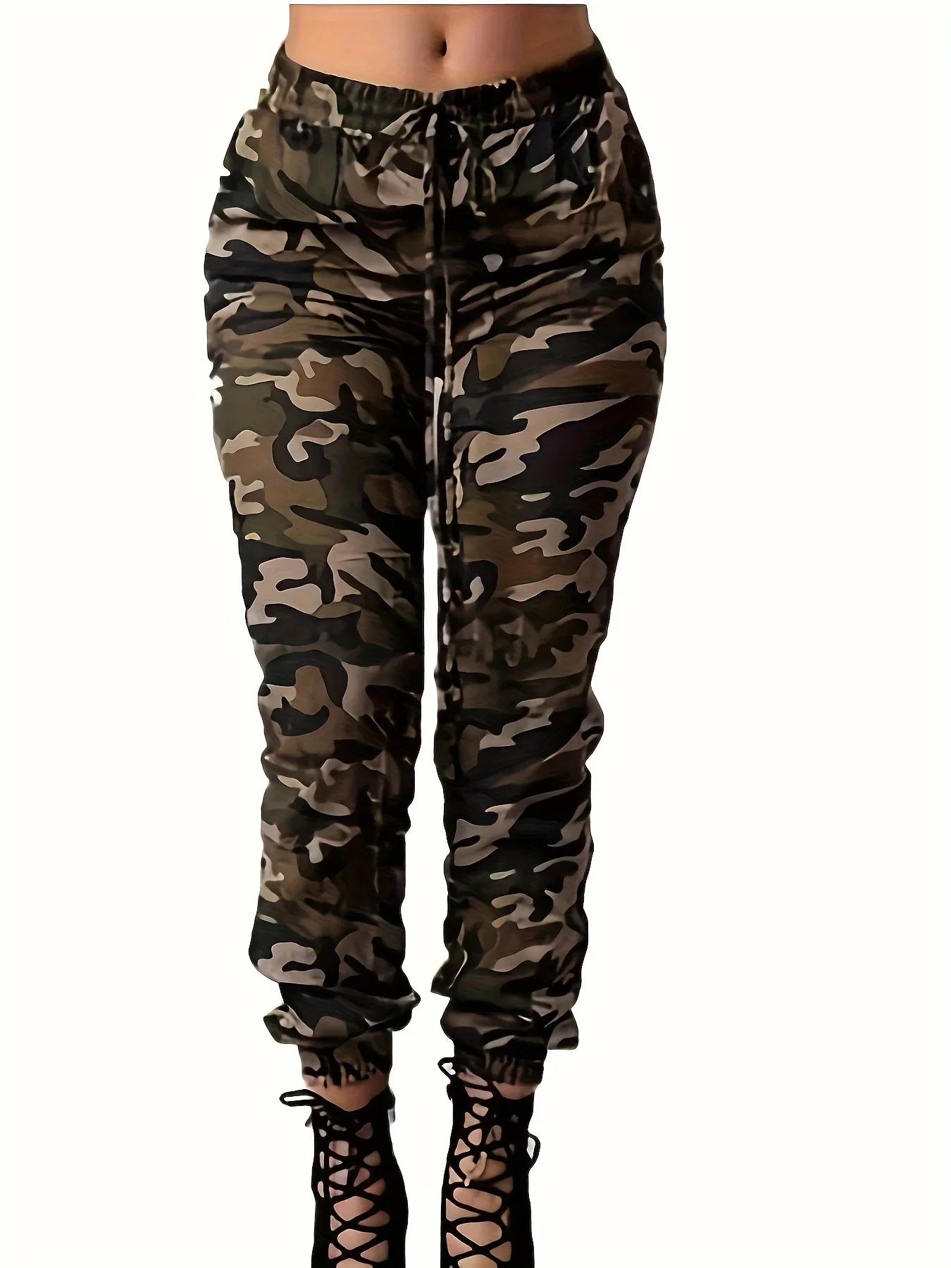 SHOWLU Women's camo print cargo pants with straight leg and low waist, showcasing stylish and comfortable trousers