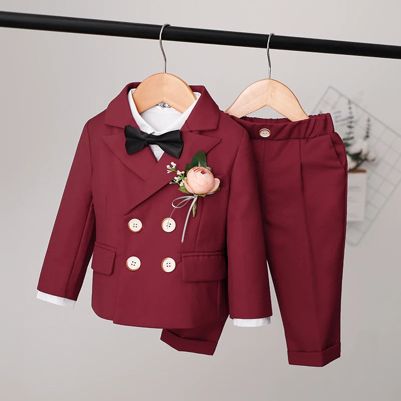 Children's formal burgundy suit set with jacket, pants, and vest for boys, suitable for birthdays and winter events.