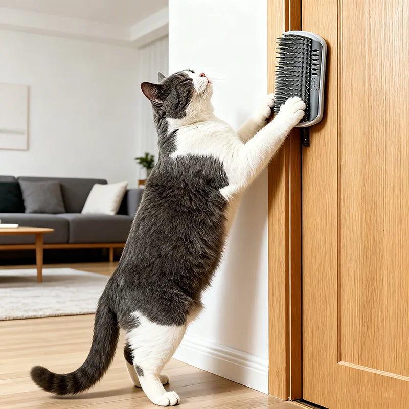 Wall-mounted cat self-groomer with massage comb brush for kittens and puppies, designed for grooming and relaxation.
