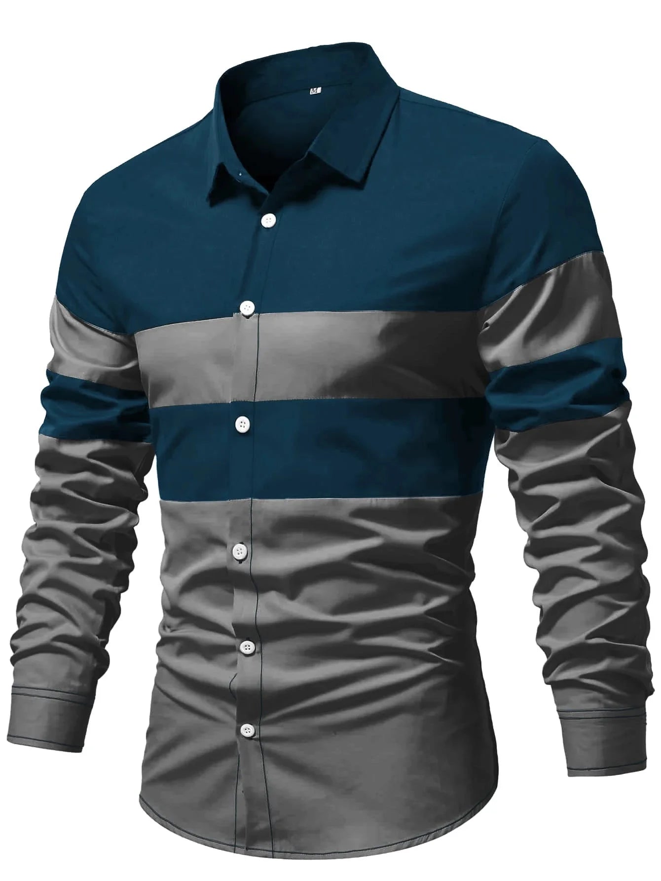Men's patchwork striped printed shirt by Showlu Fashion Store, classic long-sleeve business casual lapel shirt, comfortable designer style