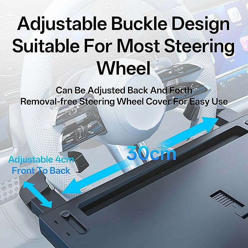 Showlu Smart General car steering wheel tray attached to steering wheel for convenient holding of snacks, drinks, or personal items.