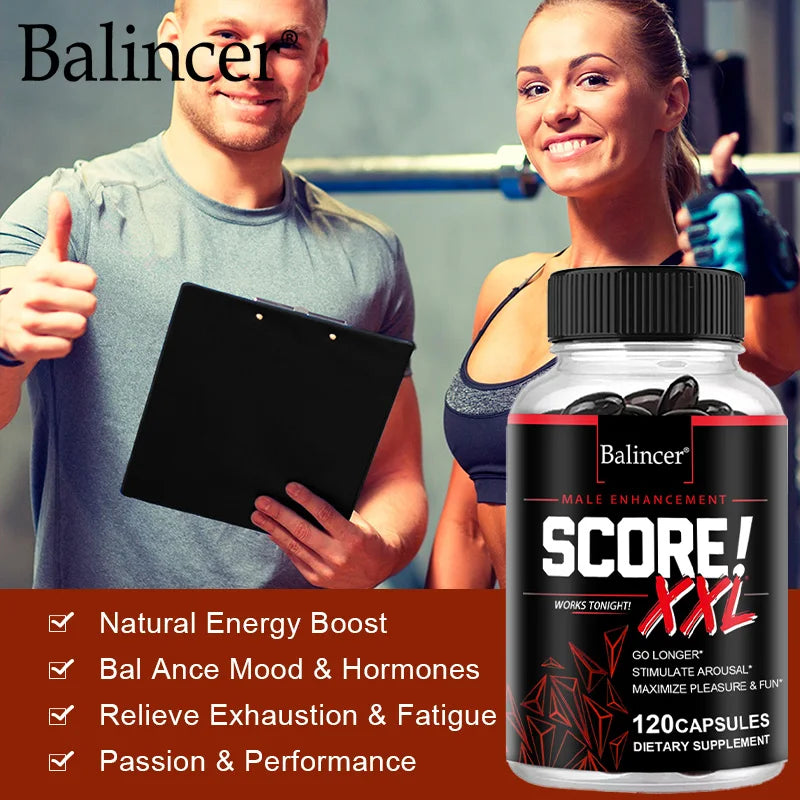 Balincer Score XXL nitric oxide supplement bottle with L-Citrulline, Maca, and Tribulus for muscle building and endurance.