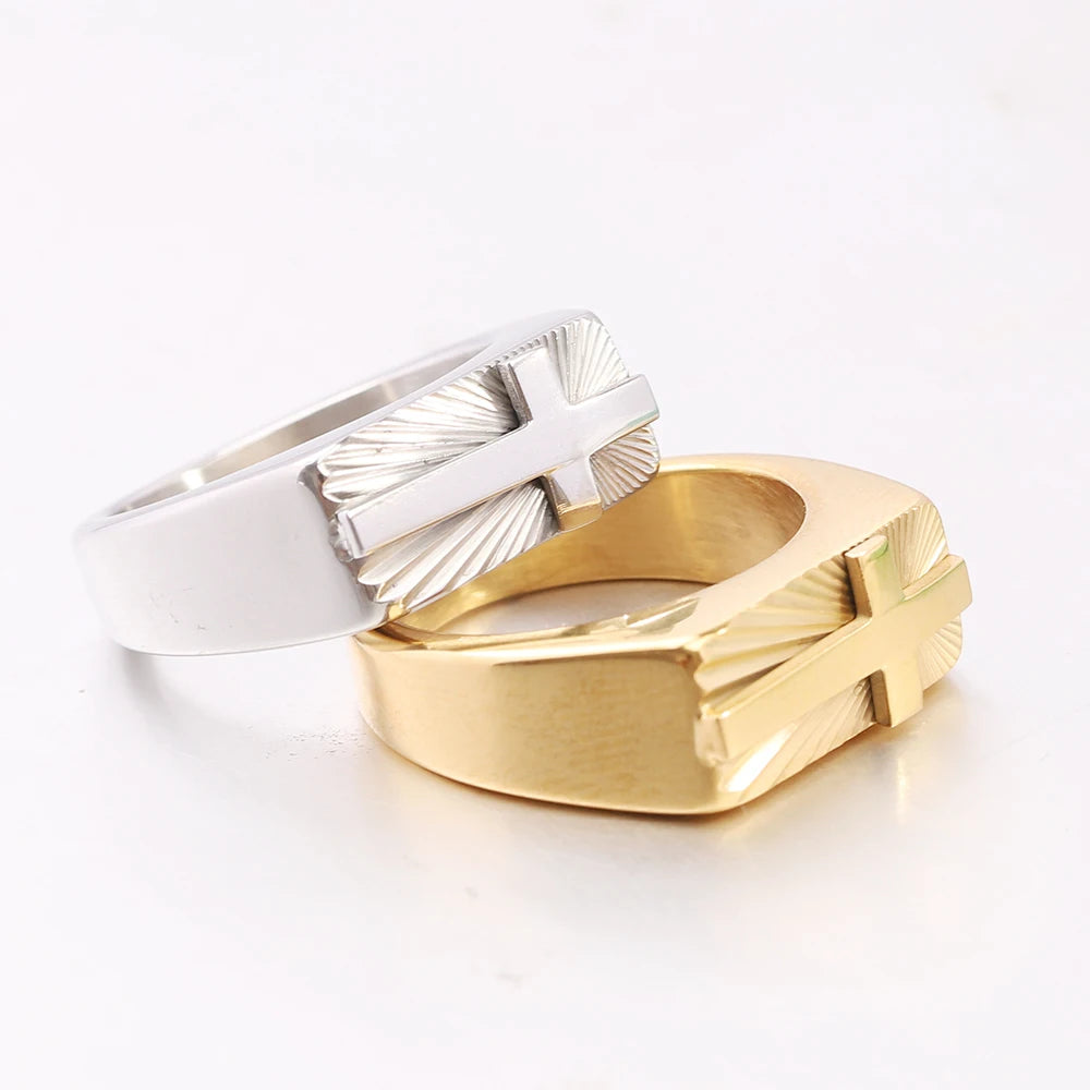 Stainless steel VQYSKO men's cross ring with an 8mm sunburst design, featuring a religious band style.