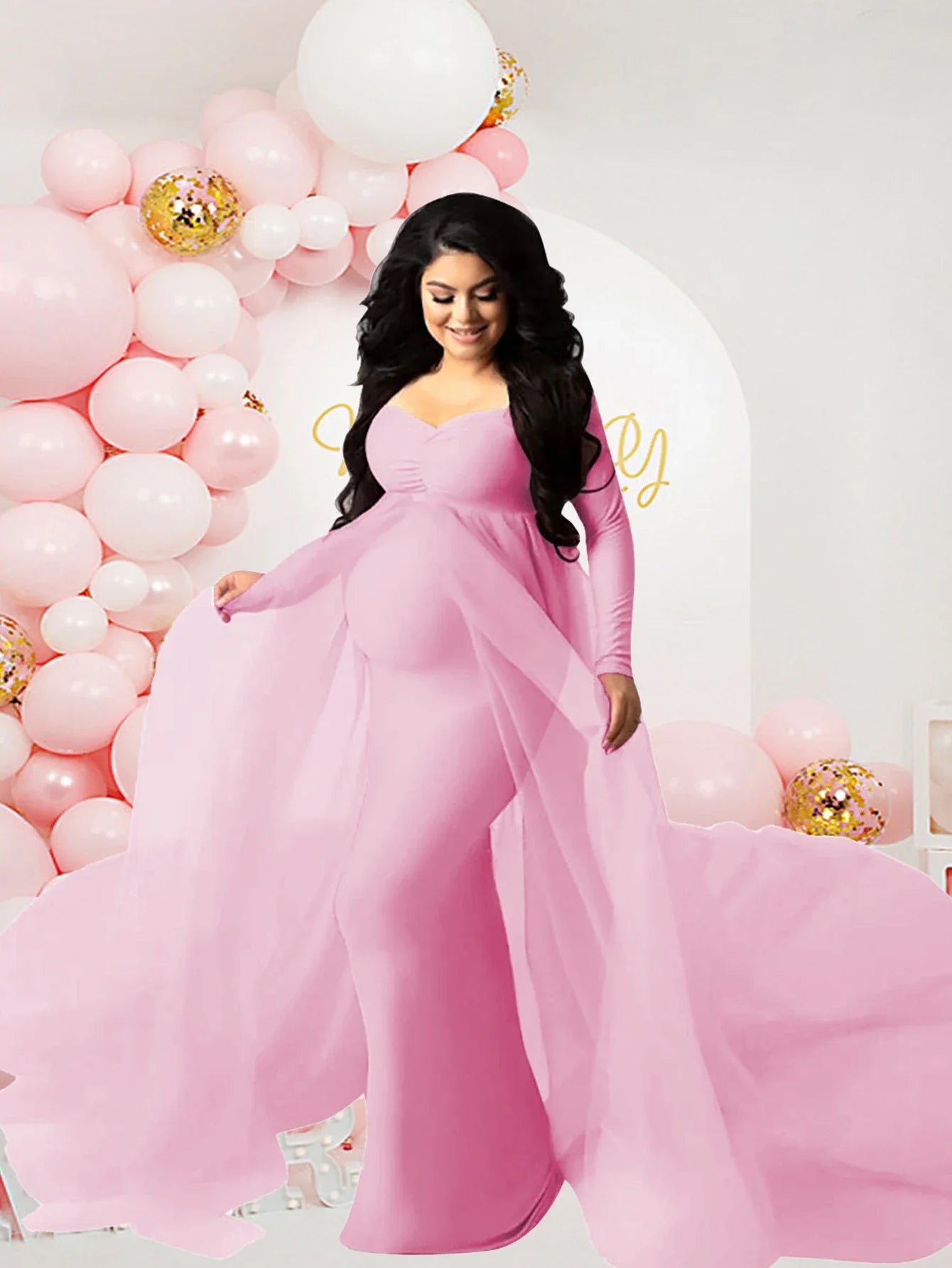 SHOWLU Long Sleeve Mesh Maternity Dress with Train for photoshoots, featuring sheer fabric and flowing train.