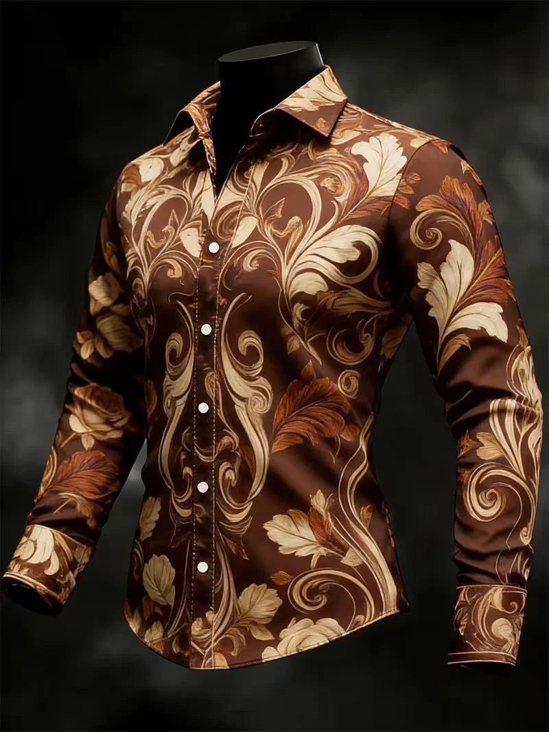 Men's fashionable 3D flame printed long sleeve button-up shirt by Showlu Fashion, casual style with bold flame design and stylish top.