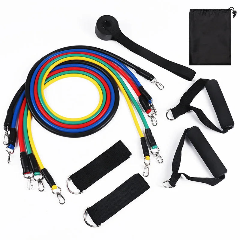 Showlu Fashion TPE resistance band set with door anchor, handles, ankle straps, and carry bag for versatile elastic resistance training.