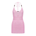 Showlu Fashion backless halter mini dress for women, casual summer knit crochet bodycon dress with cutout details for beach and streetwear.
