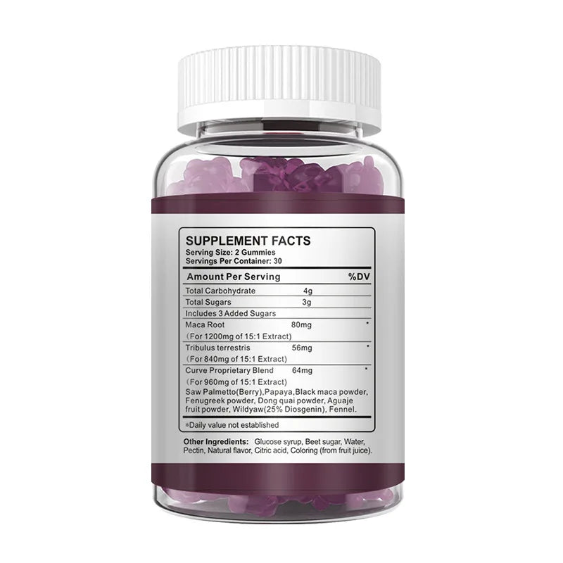Black Plus Maca gummies bottle for buttocks enhancement, showing the black and white packaging with gummies inside.