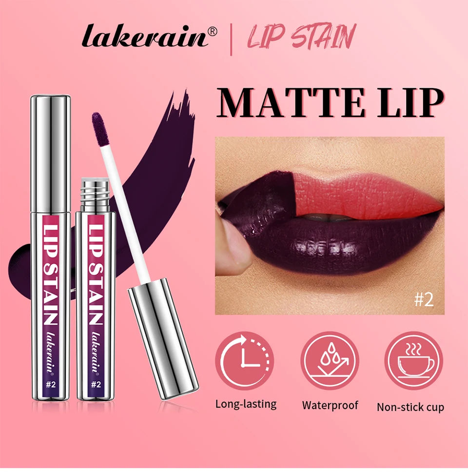 Showlu Smart General waterproof peel-off lip stain in deep red, showcasing glossy, vibrant lips with the tint applied.