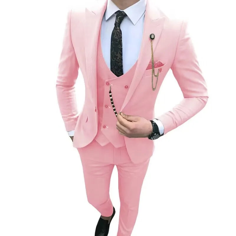SHOWLU men's 3-piece slim fit wool suit with single-breasted tuxedo style, tailored for formal occasions and weddings.