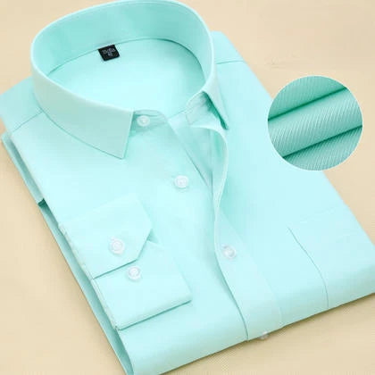 Plus size men's slim fit formal plain shirt with double collar, long sleeves, solid color, ideal for office or business wear.