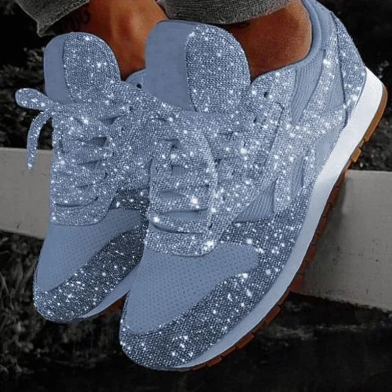 Women's bling flat sneakers by SHOWLU FASHION STORE, casual mesh slip-on shoes with sparkling embellishments and comfortable flat sole