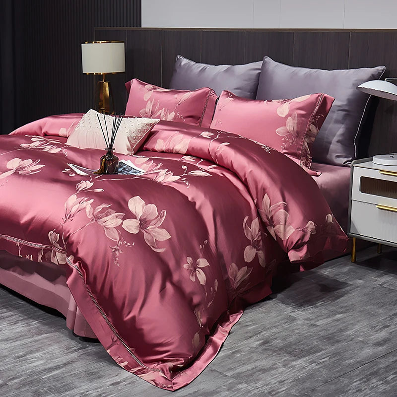 High End Mulberry S i l k Jacquard Bedding Set  4-piece Duvet Cover Set 200*230CM 220*240CM Flat Sheet Bedding