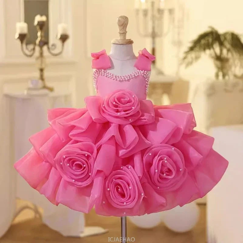 Girls first birthday princess dress by Showlu Fashion, floral gown with ruffles and bow for wedding, party, or special occasions.