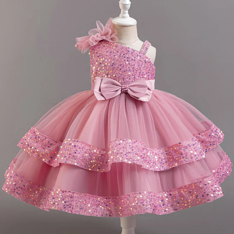 Sequin flower girl dress for girls by Showlu Fashion, sleeveless ball gown with floral embellishments for special occasions.