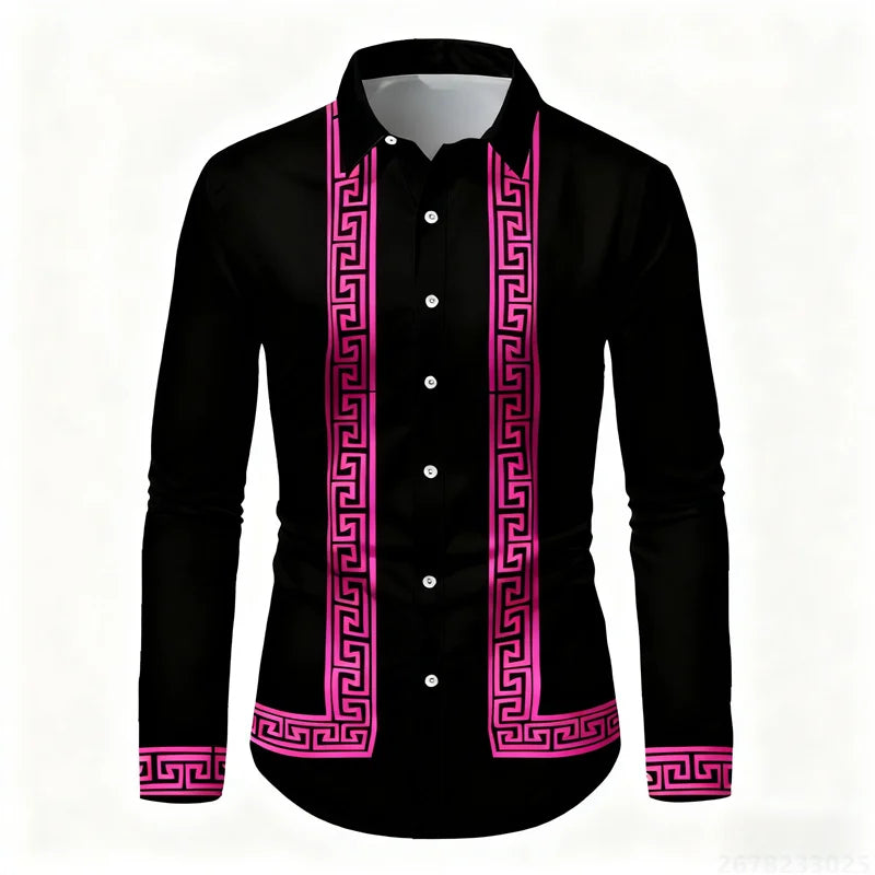 Men's retro geometric print long-sleeve shirt in black and white, slim fit casual top with color-block design by Showlu Fashion.