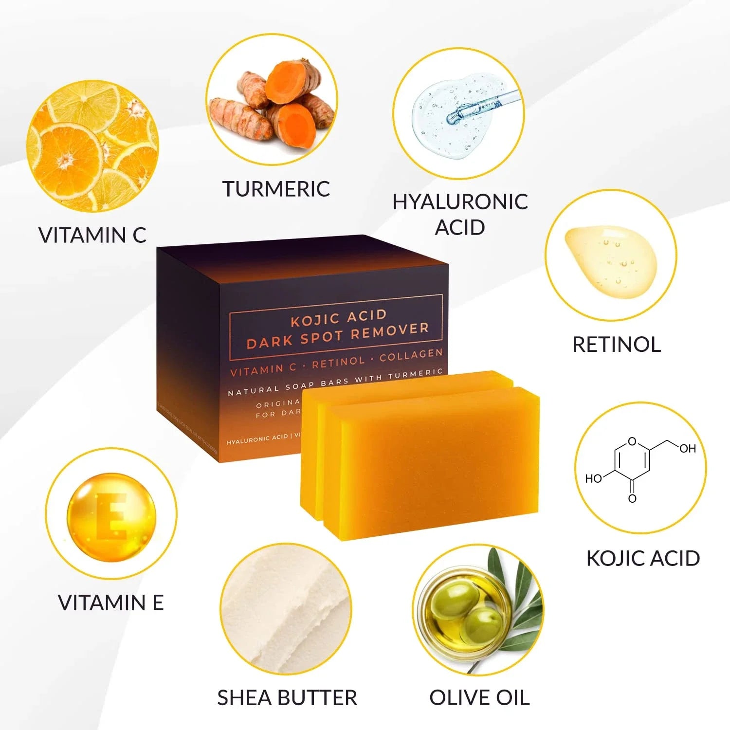 Handmade Kojic Acid Dark Spot Remover Whitening Soap with deep cleaning and moisturizing effects for brighter, clearer skin.