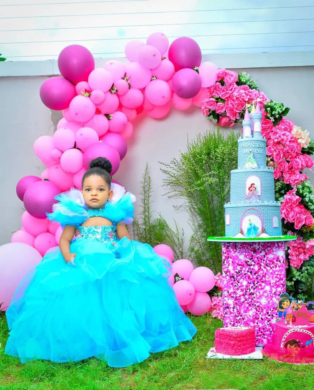 Blue flower girl dress with tulle ruffles and ball gown design by SHOWLU FASHION STORE, perfect for pageants and special occasions.